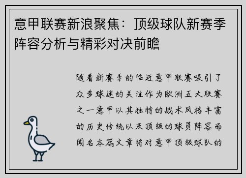 意甲联赛新浪聚焦：顶级球队新赛季阵容分析与精彩对决前瞻