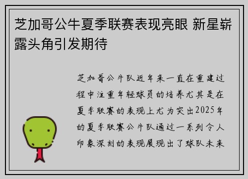 芝加哥公牛夏季联赛表现亮眼 新星崭露头角引发期待