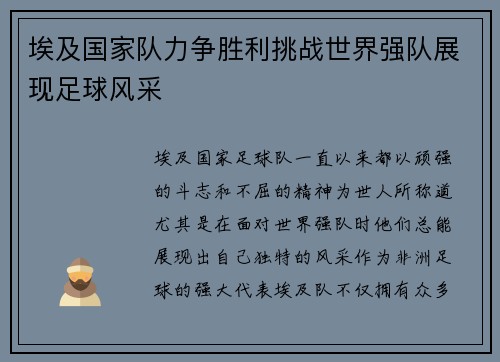 埃及国家队力争胜利挑战世界强队展现足球风采